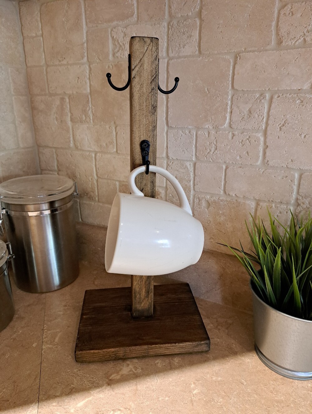 Handmade Rustic Wooden Mug Tree 6 Hook Freestanding Countertop Coffee Cup Holder